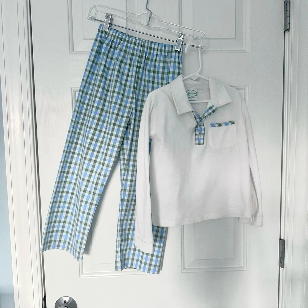 Grace & James Hudson Pant Long Sleeve Polo Shirt Set Blue Green Plaid Boys Sz 6